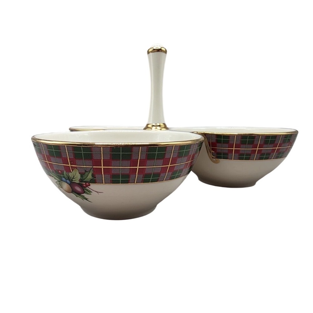 Lenox Holiday Tartan Condiment Server 3 Bowl Candy Dish Gold Trim Christmas Box